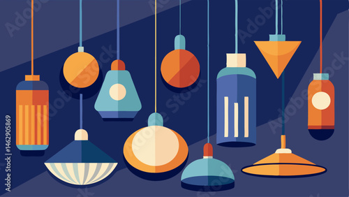 A variety of pendant lights in different shapes and sizes hanging from the ceiling creating a warm and inviting atmosphere.