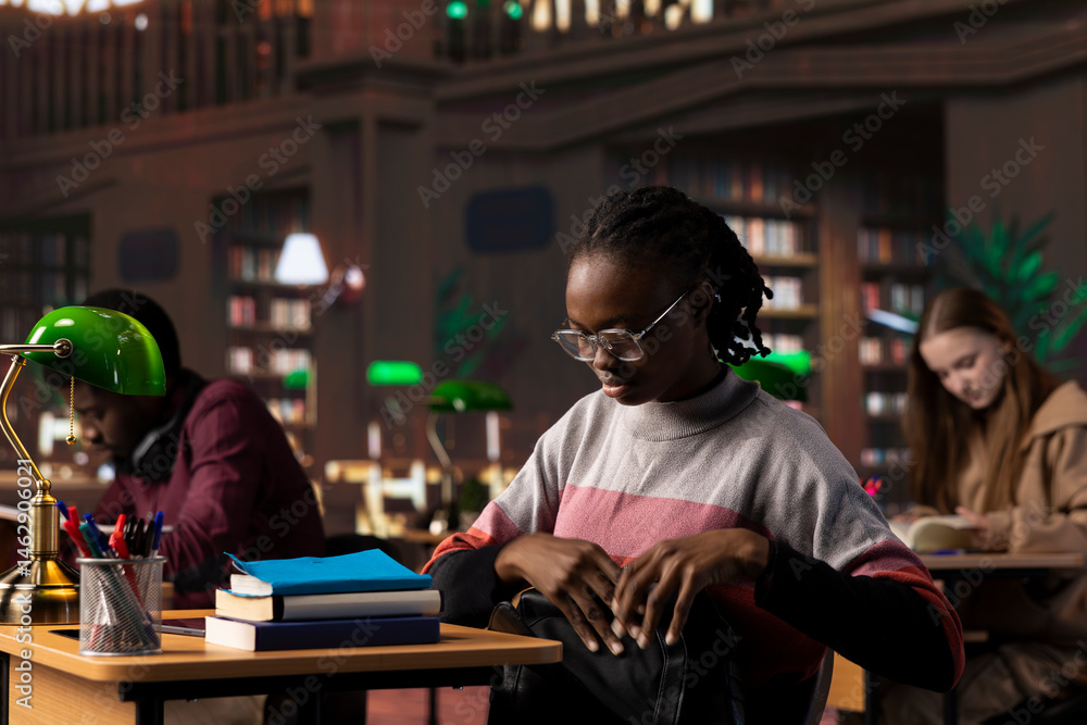 African american pupil reviewing the educational research collection at the library, studying for her exams to obtain her bachelor degree. Young student fighting for a scholarship.