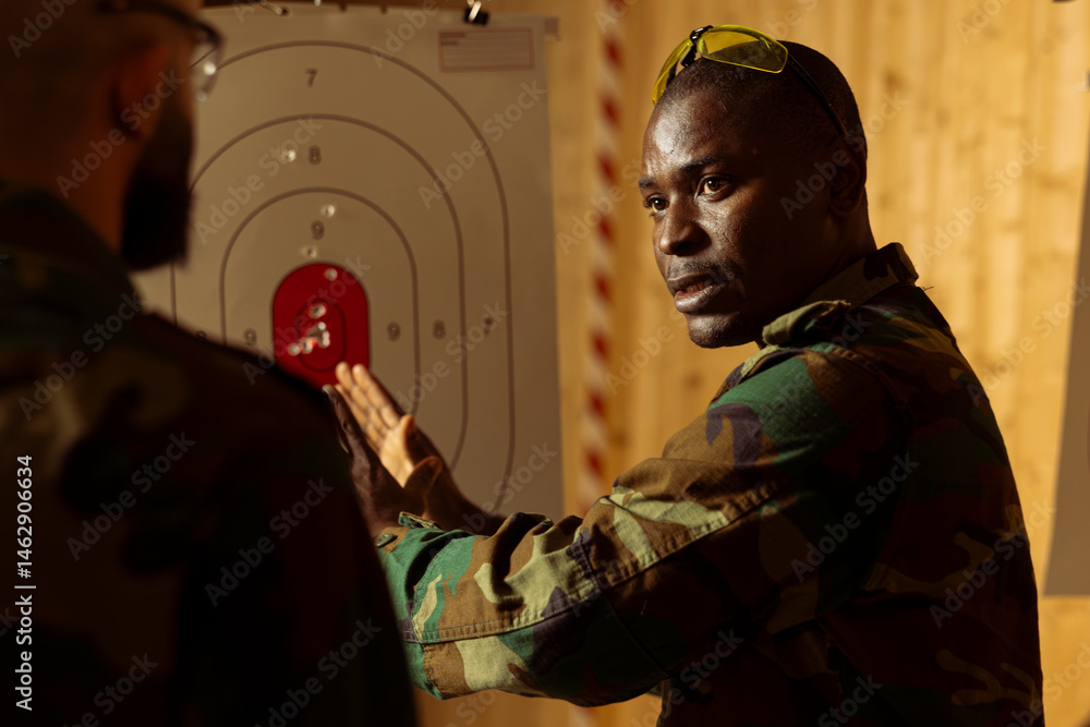 Army general at shooting range training soldiers to learn how to hit targets. Military commander demonstrating how to hit bullseyes, increase gun aiming efficiency during practice