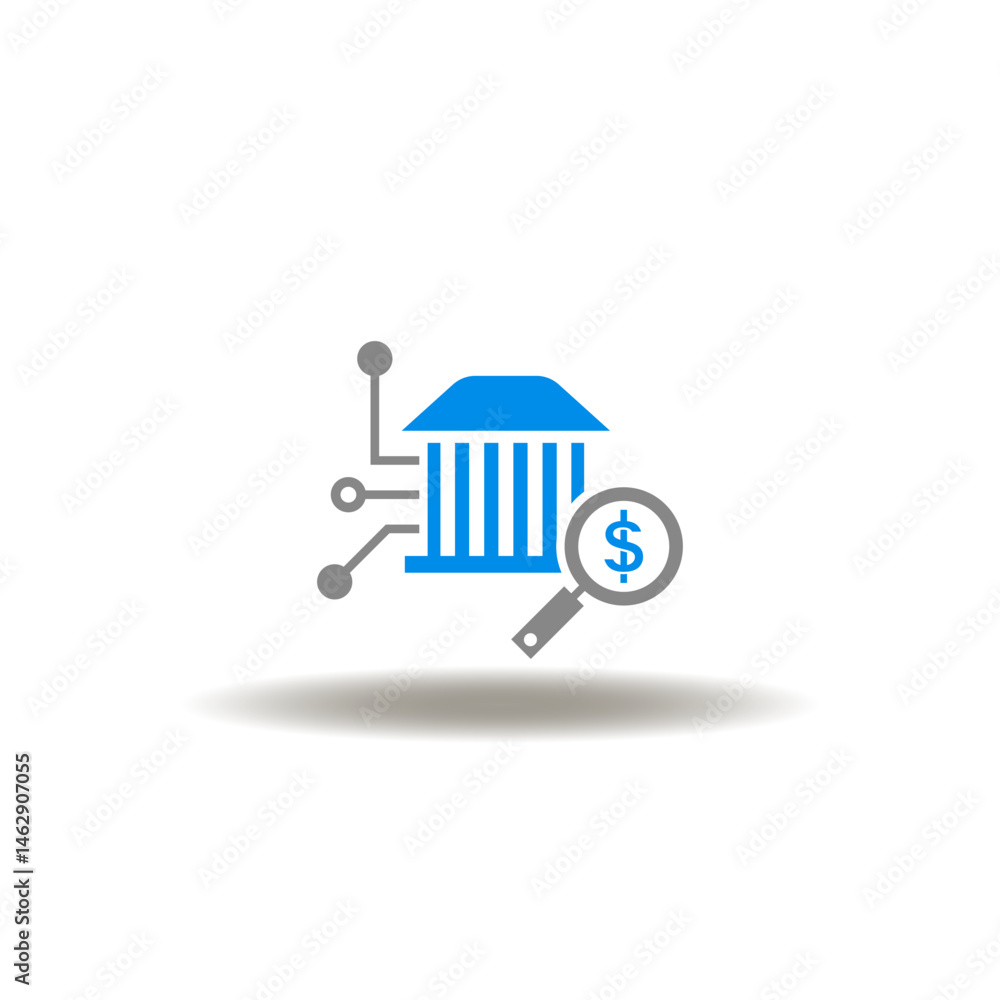 Vector illustration of bank with electronic circuit and magnifying glass with dollar currency. Symbol of debt collection.