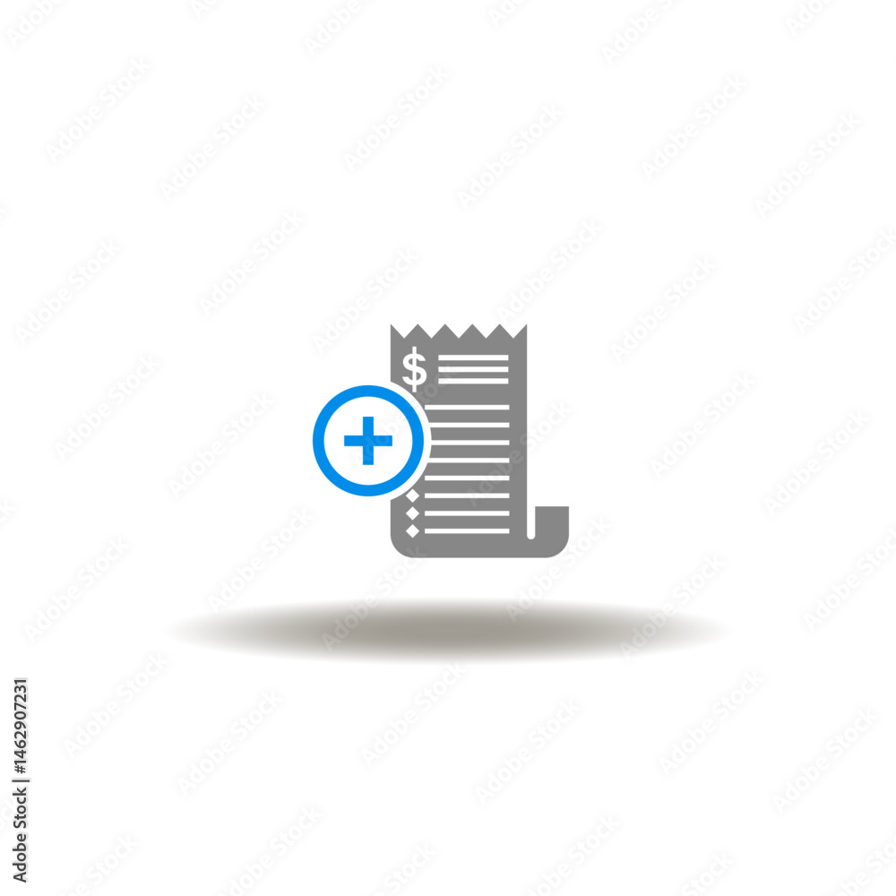 Vector illustration of invoice or bill sheet with dollar surrency and plus sign. Symbol of medical expenses.