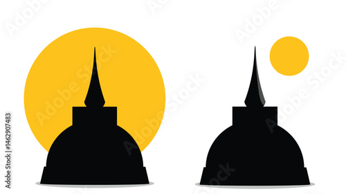 Silhouette of Buddhist Stupa with Sun on White Background