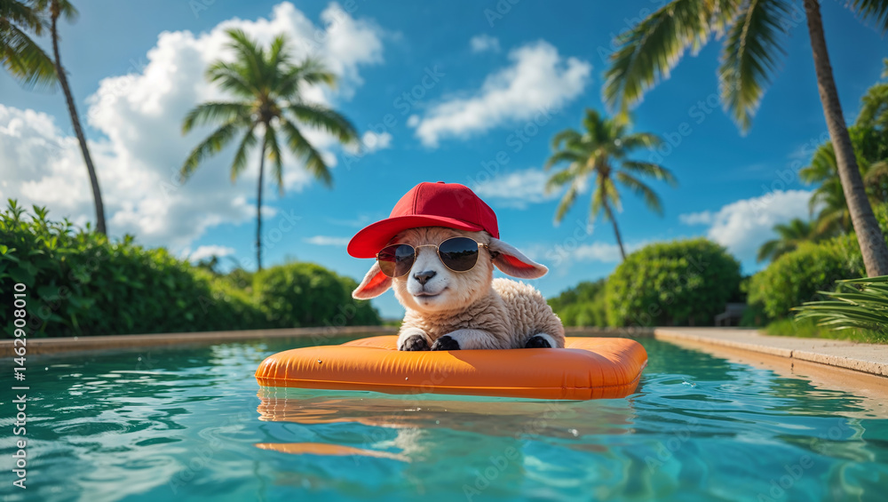 cute cartoon sheep on inflatable mattress in pool in summer