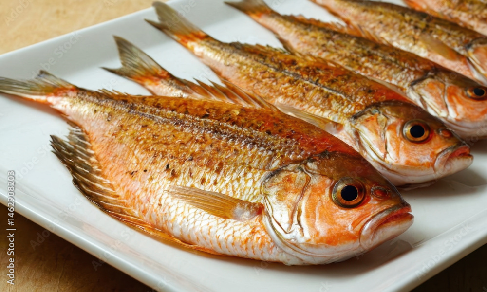 Fresh fish platter served on a wooden table, perfect for a seafood dinner or presentation