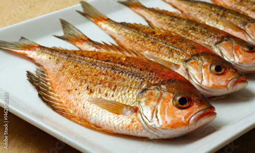Fresh fish platter served on a wooden table, perfect for a seafood dinner or presentation
