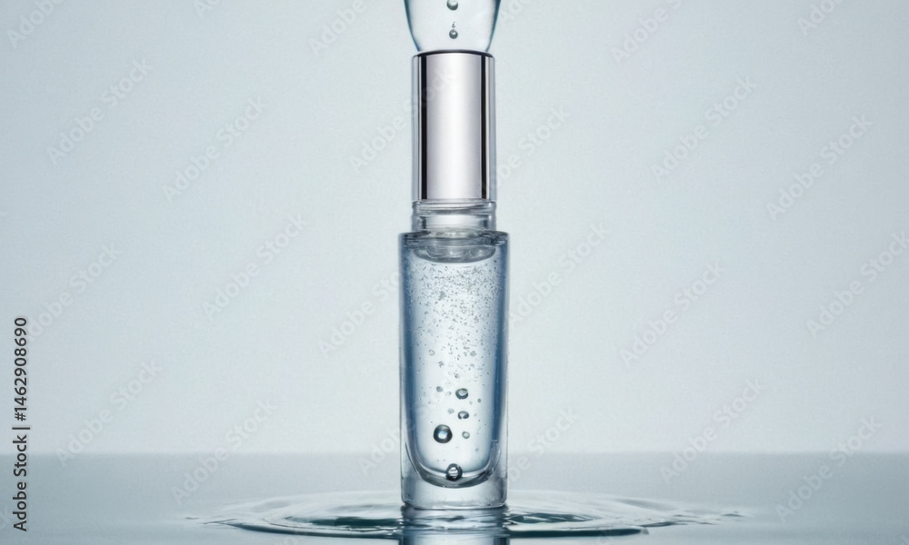 A glass bottle filled with water sits on a table, ready for use