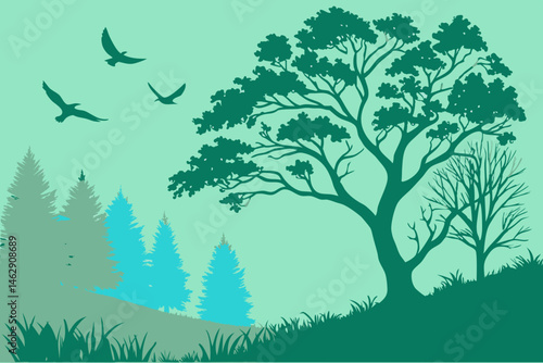  Silhouettes of trees and birds in natural landscape for environmental blogs, reforestation campaigns, nature clipart, and Earth Day educational content