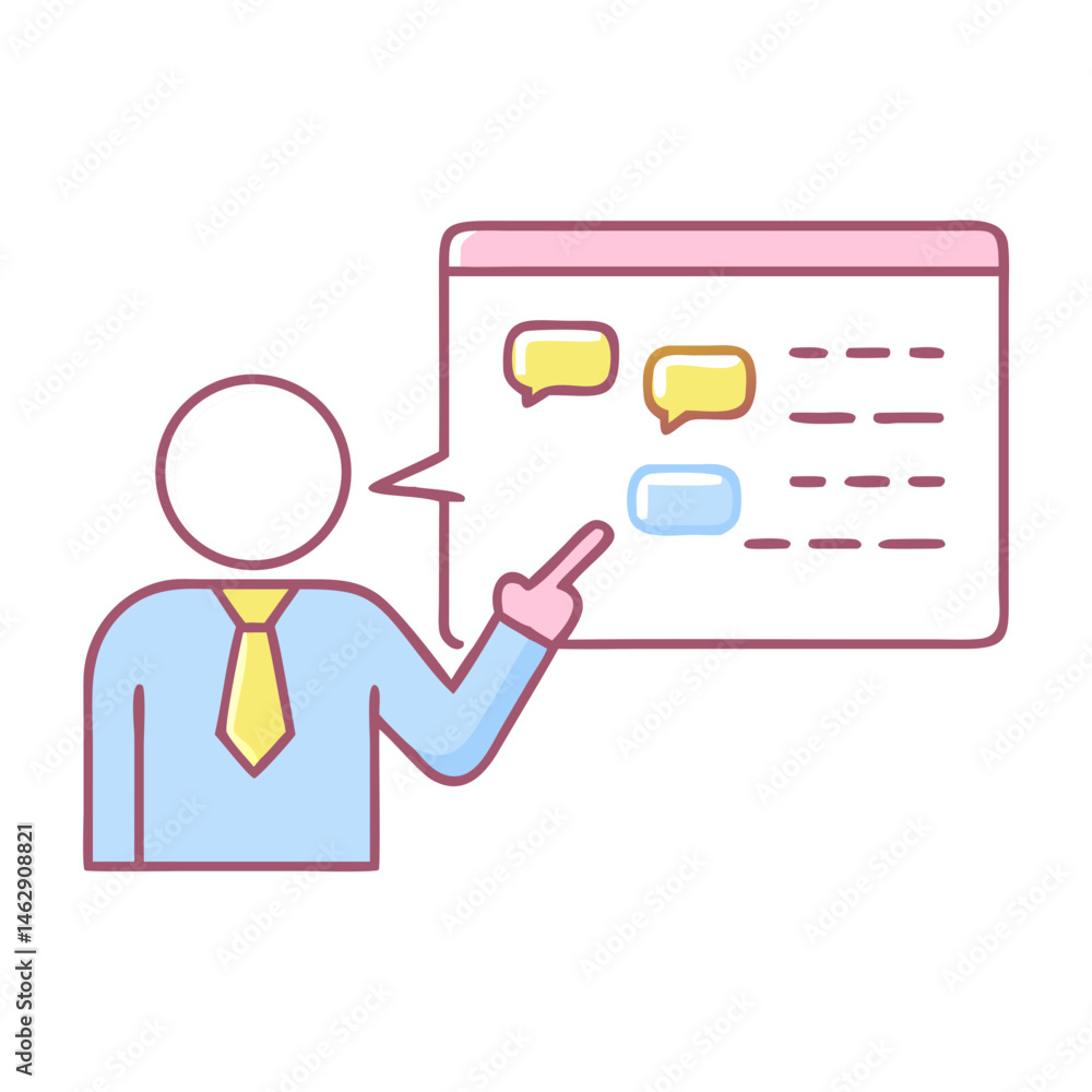 Business coach giving presentation with speech bubbles for educational blogs, training platforms, corporate slides, and communication workshops Business coach giving presentation with speech bubbles for educational blogs, training platforms, corporate slides, and communication workshops
