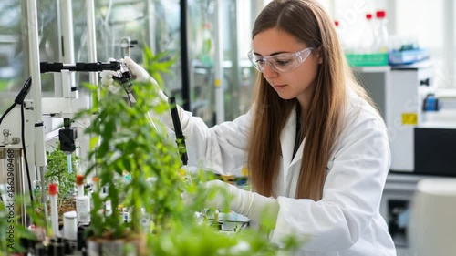 Woman scientist analyzing plant samples in laboratory for pharmaceutical research