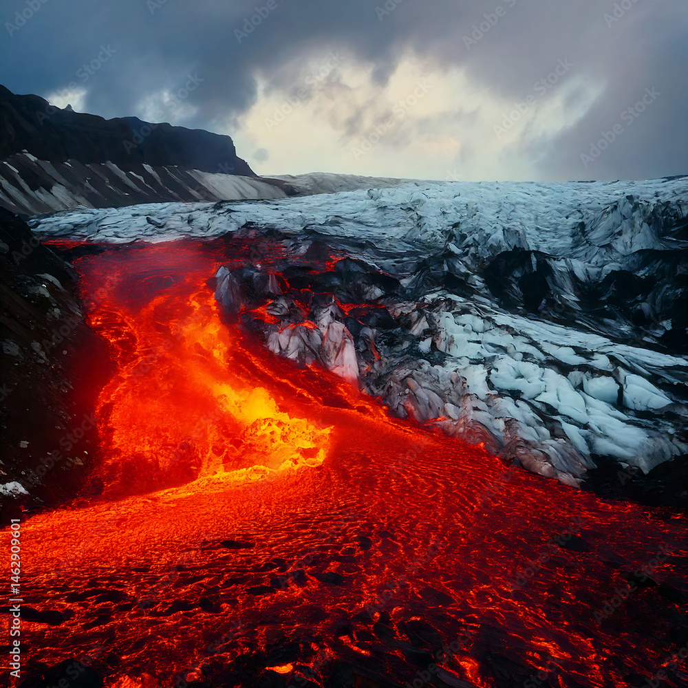 Naklejka premium Striking landscape featuring fiery red lava flowing onto a glacial expanse. Represents the power of nature, climate change, and contrasts. Great for backgrounds.