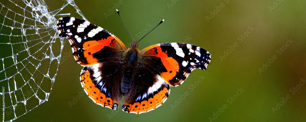 A butterfly perched on a spider web, perfect for use in designs about nature, insects, and the environment