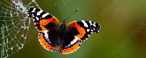 A butterfly perched on a spider web, perfect for use in designs about nature, insects, and the environment