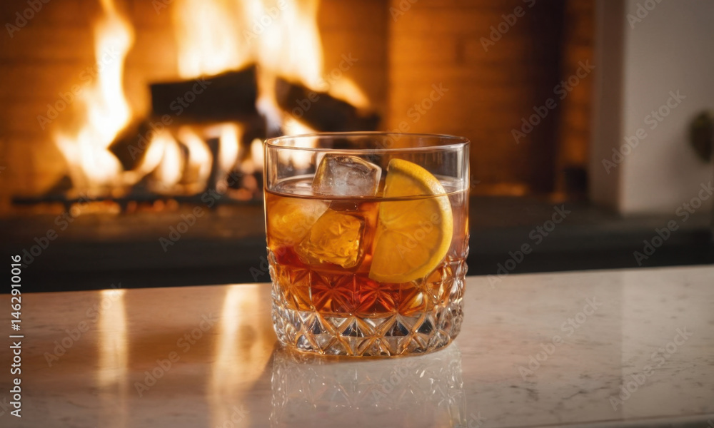 A glass of alcohol sits on a counter