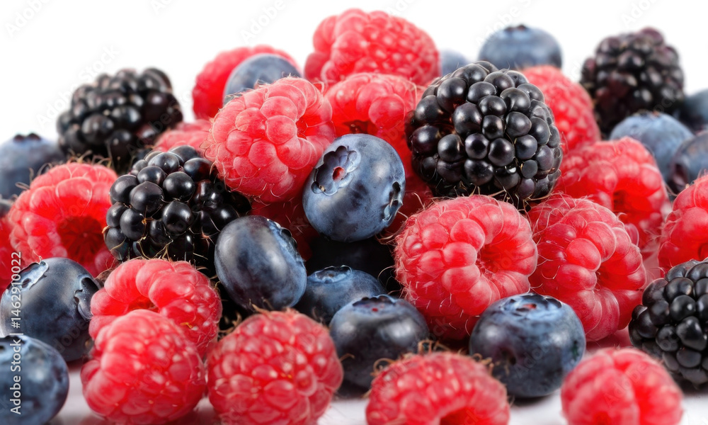 A colorful mix of fresh raspberries and blueberries on a white surface, great for food styling and photography
