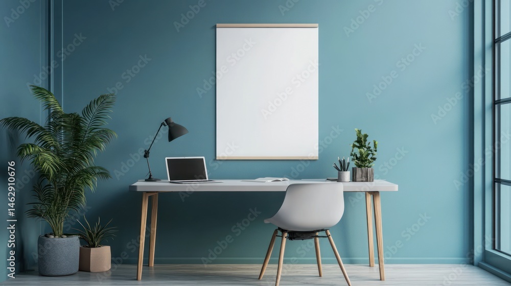 Fototapeta premium Modern workspace interior with blank poster frame and teal blue wall mockup