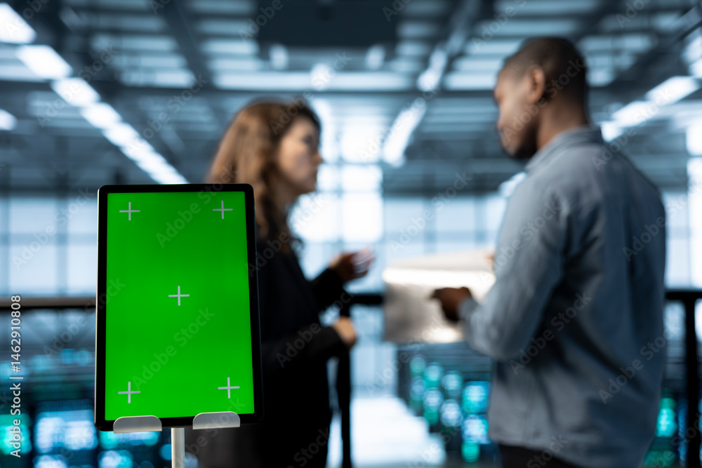 Close up of mockup tablet next to workers in data center using automation tools. Focus on isolated screen tablet in front of technicians in blurry background ensuring continuous uptime of server farm