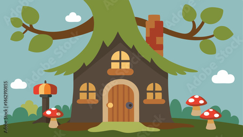 Natures Hideaway A quaint rustic house with a stone chimney and an assortment of greenery surrounding it built into a large trees trunk. The exterior is adorned with climbing vines