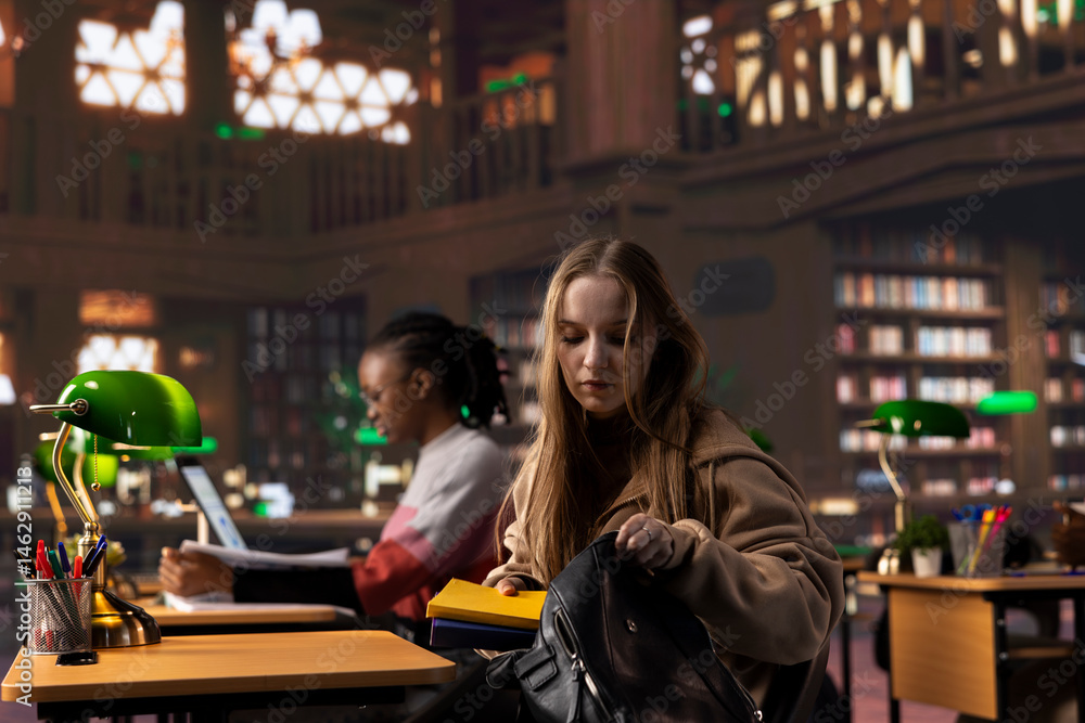 College student borrowing some books to study for upcoming exams from the university campus library, does research for a school assignment. Young girl with dedication does self learning.