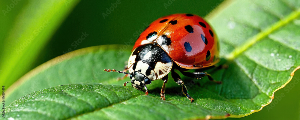 A ladybug sits on the edge of a green leaf, its bright colors standing out against the natural backdrop