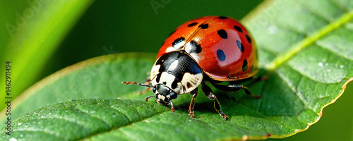Obraz na płótnie A ladybug sits on the edge of a green leaf, its bright colors standing out against the natural backdrop w salonie