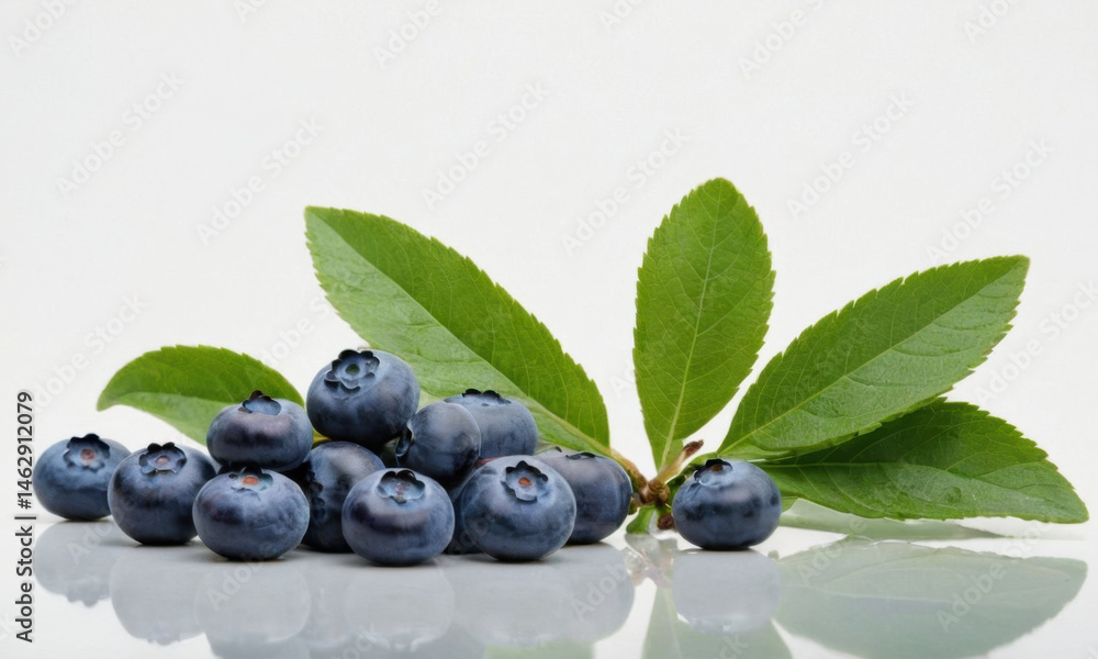Fresh blueberries with green leaves on a white surface