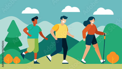 Outdoor Adventure An active scene showcasing a group of friends hiking on a trail with one using a prosthetic leg emphasizing outdoor engagement and adventure.
