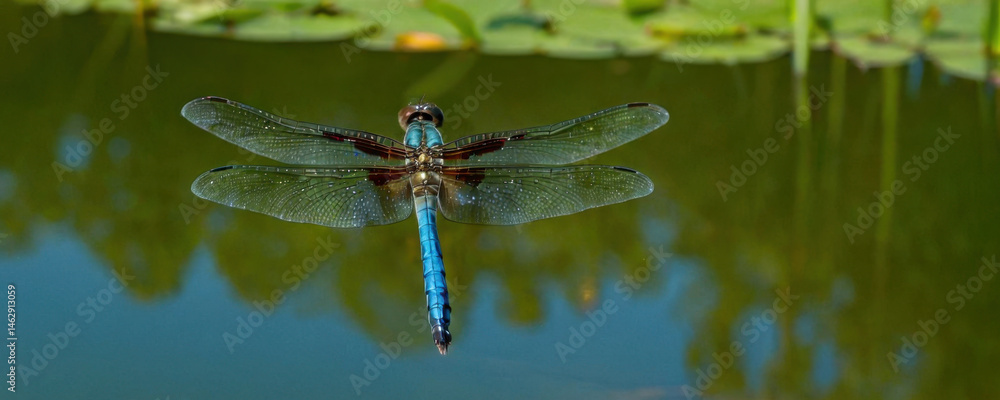 A blue dragonfly perched on the surface of a calm body of water
