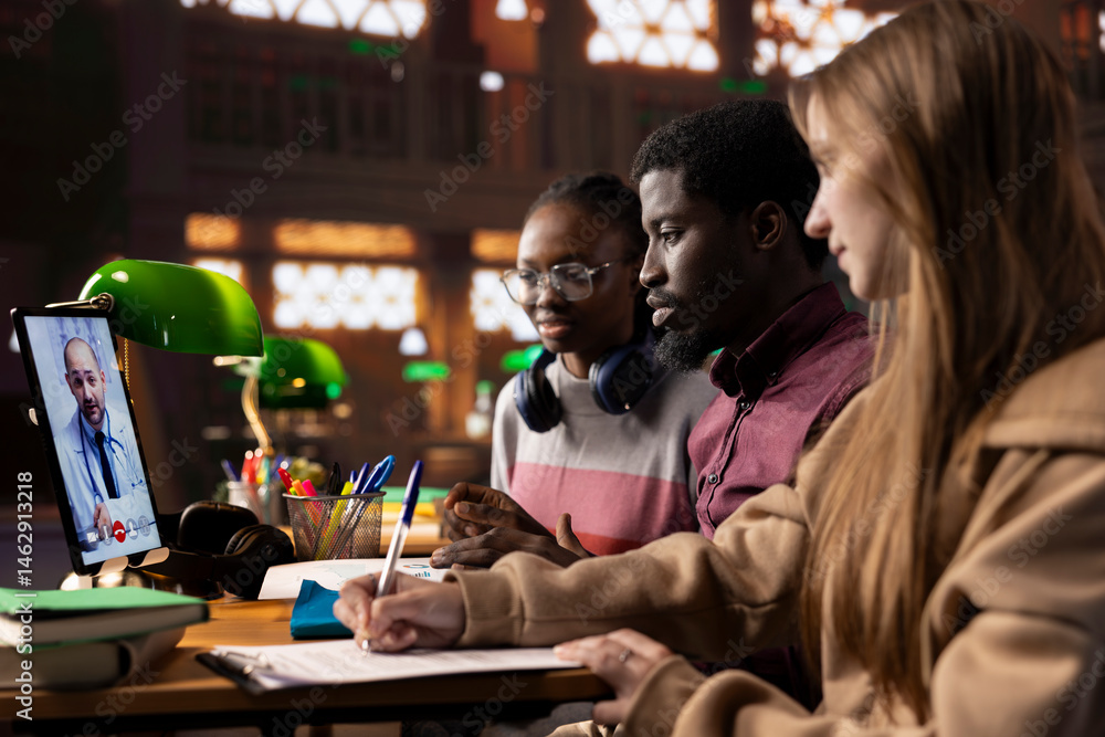 Diverse academic scholars in a library join a video call with a medic tutor, enhancing their knowledge of science, treatment methods and telemedicine. Students learn about medical practice lessons.