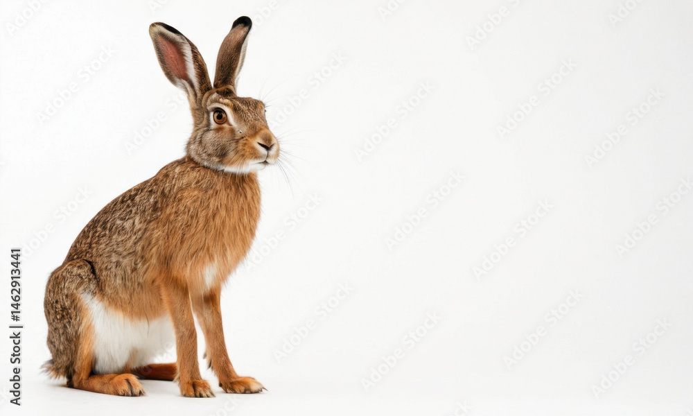 A brown and white rabbit sitting on a white surface
