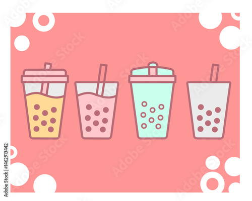 Four bubble tea drinks in different cups with tapioca boba pearls and straws, on a pink background with white bubble accents. Colorful vector flat illustration with cute and minimalistic design.