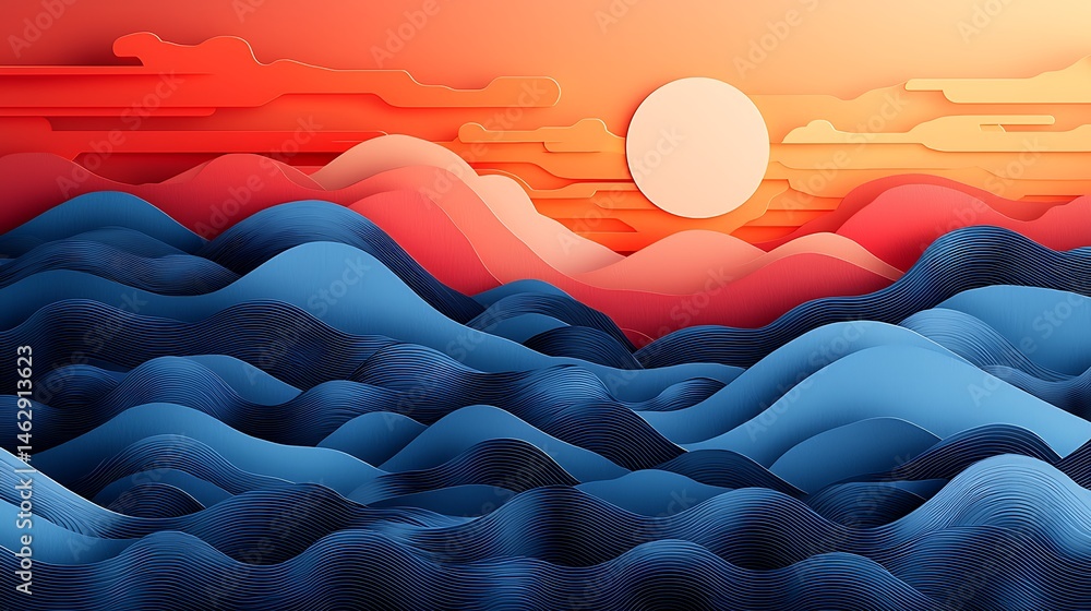 Obraz premium a sunset with mountains and waves