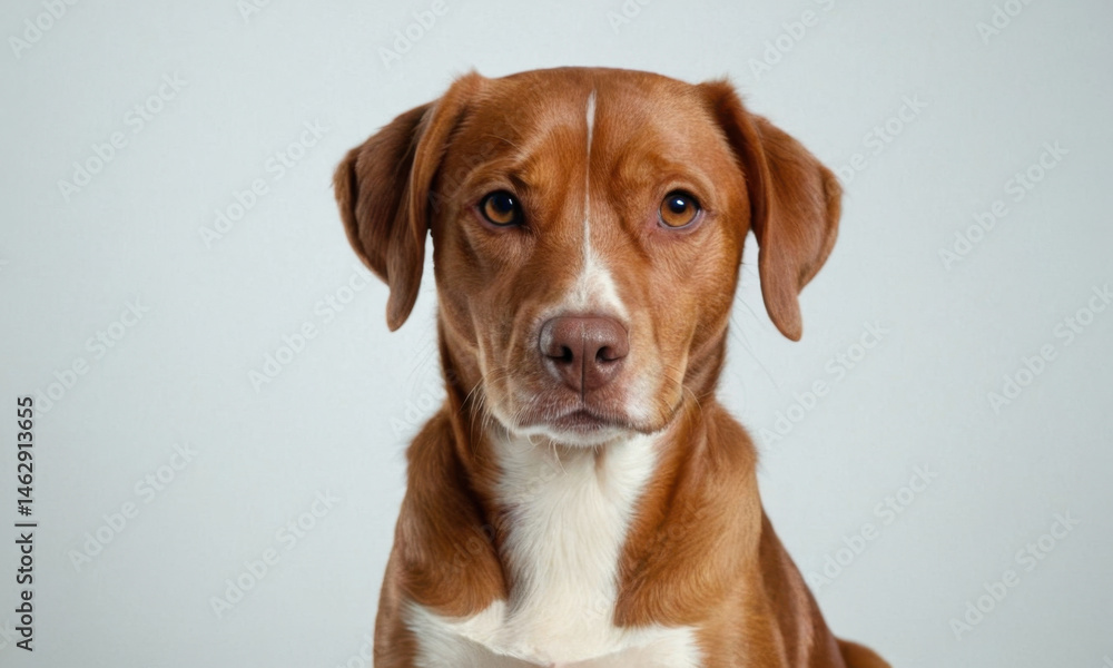 A brown and white dog looks directly at the camera, its fur a warm contrast to the neutral background