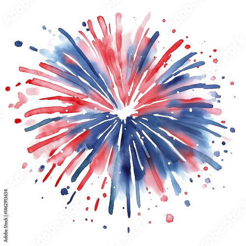 watercolor illustration, 4th of July theme sparkle or fireworks display in red blue color, isolated on white background