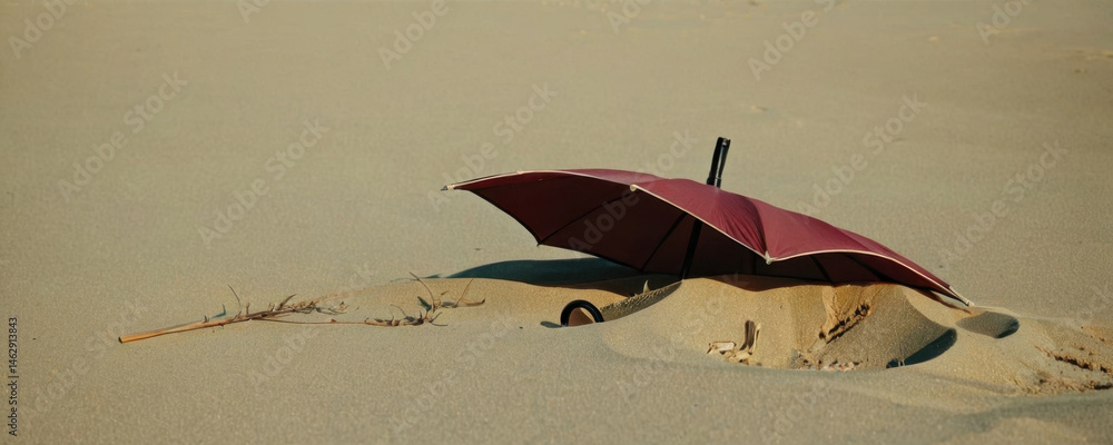 A red umbrella lying on a sandy beach, perfect for capturing carefree summer moments