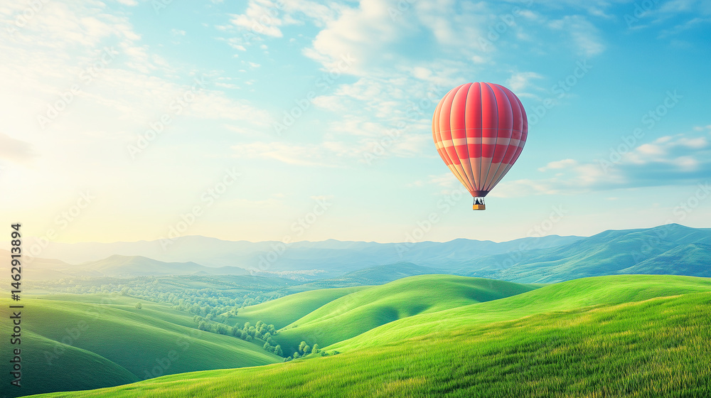 Fototapeta premium Hot air balloon floating over green hills under a clear blue sky.
