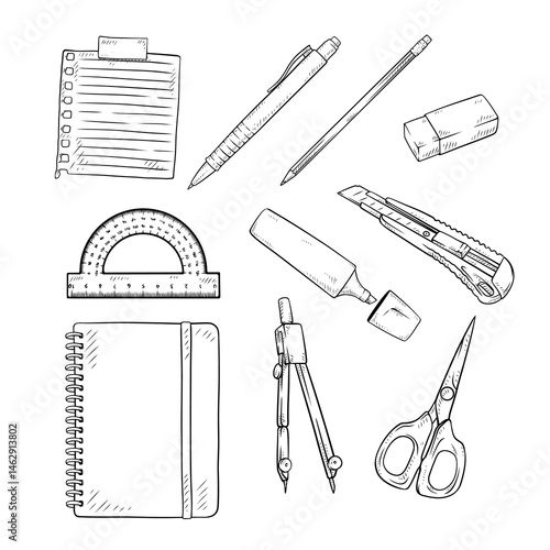 collection of stationery sets with hand drawn line art illustrations