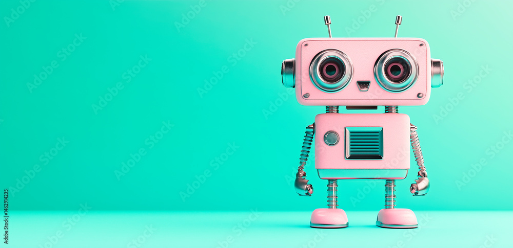 Fototapeta premium Cheerful pink robot with big eyes on a bright turquoise background.