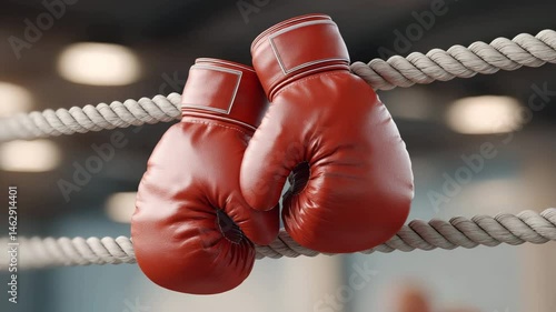 Pair of worn red leather boxing gloves rest on taut ropes of a boxing ring, symbolizing strength, endurance, and pause between bouts in a softly lit sports facility photo