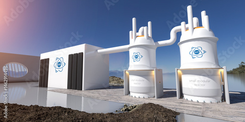 concept of a SMR small modular nuclear reactor power plant on a sunny day. SMR is a future energy concept. 3d rendering.