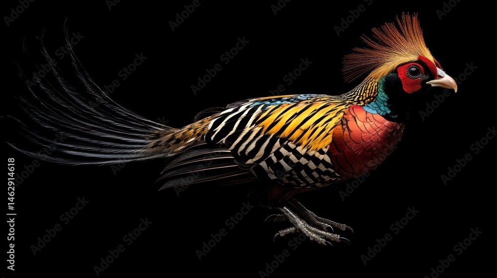 Fototapeta premium Golden pheasant profile, black background, wildlife, nature photography, conservation