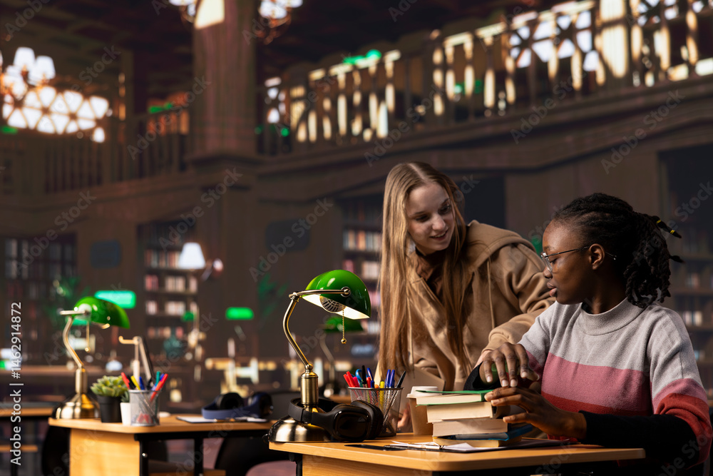 Young adult wakes up black student in the university library after falling asleep on her pile of books and study materials. Pupil feeling tired with burnout, learning all night for exams.