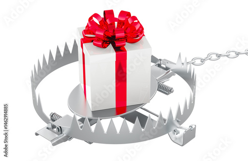 Bear trap with gift box, 3D rendering isolated on transparent background