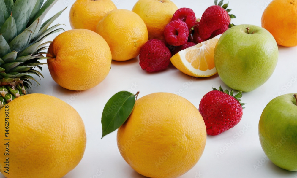A colorful arrangement of various fruits includes apples, oranges, lemons, raspberries, and pineapples