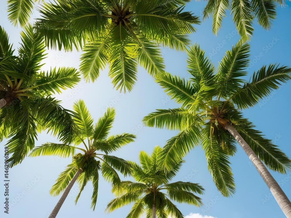 Obraz premium Spreading crowns of palm trees, green branches against the blue sky, summer luxury vacation 2026