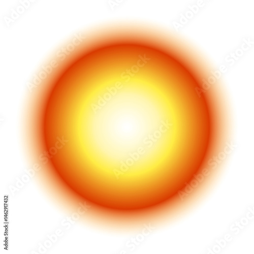 Sun bright orb on transparent background emits a powerful white center diffusing into yellow and then a warm orange perimeter resembling a light reflection for artistic use