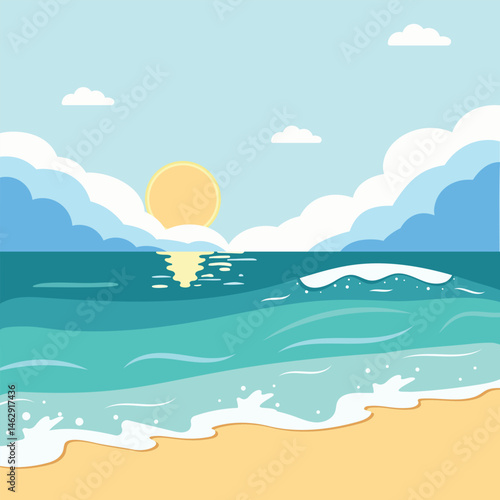 Tropical beautiful landscape of seashore beach and sea with waves on sunny day. Vector illustration in vector cartoon style