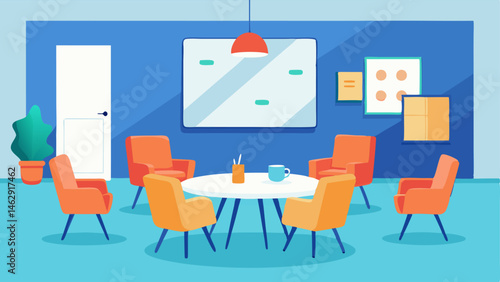 A smaller breakout room furnished with comfortable chairs and a whiteboard for brainstorming sessions.