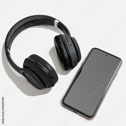 Black headphones and smartphone on a white background with copy space