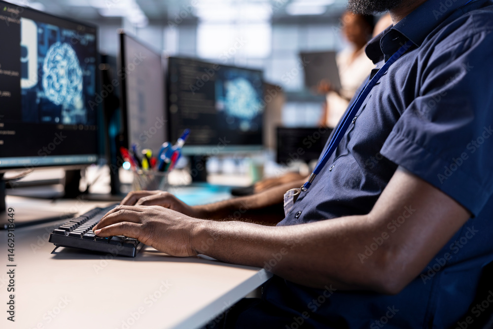 Close up of server hub expert creating AI systems high performance computing engine on PC. Software developer in data center developing artificial intelligence with cognitive abilities