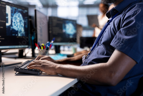 Obraz na płótnie Close up of server hub expert creating AI systems high performance computing engine on PC. Software developer in data center developing artificial intelligence with cognitive abilities w salonie